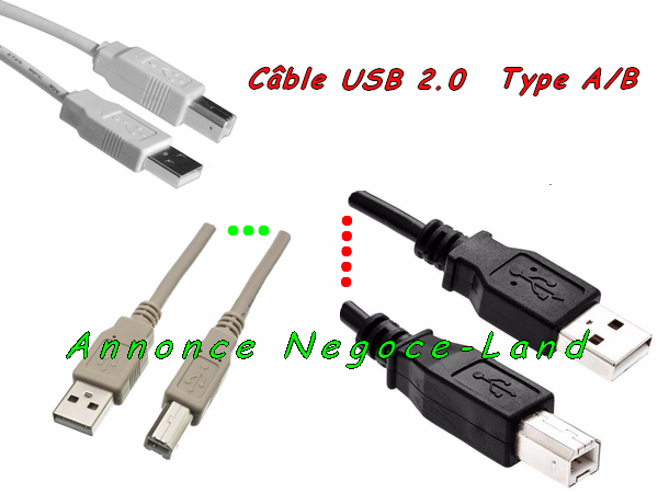 C?ble USB 2.0 TYPE A/B pour Imprimante, Scanner, Modem, Hub, Photocopieur, Multifonctions, Traceur, Fax et divers