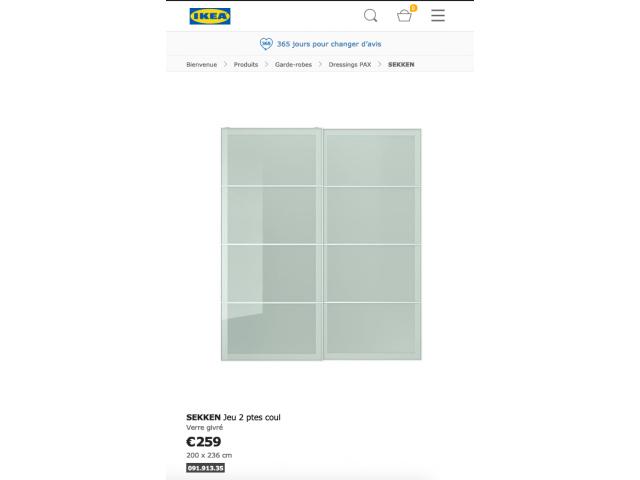 Photo 2 PORTES coulissantes en Verre givré IKEA SEKKEN avec Accessoires (pour Armoire PAX) image 1/2