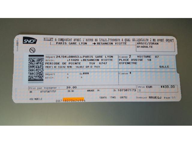 Billet de train Paris - Besançon le 24.04.2016