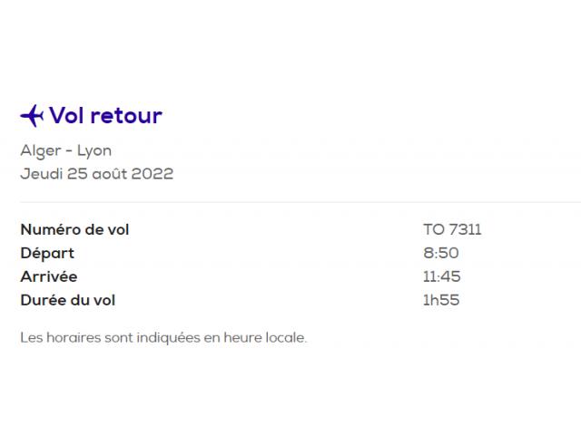 Billets Lyon-Alger avec Transavia avec option FLEX- Aller  le 18/8/2022, retour le25/8/2022