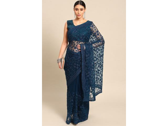 Bleu net party wear sari avec pierre brodé