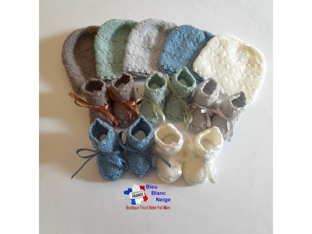 Bonnet et chaussons tricotés main layette bébé Garçon