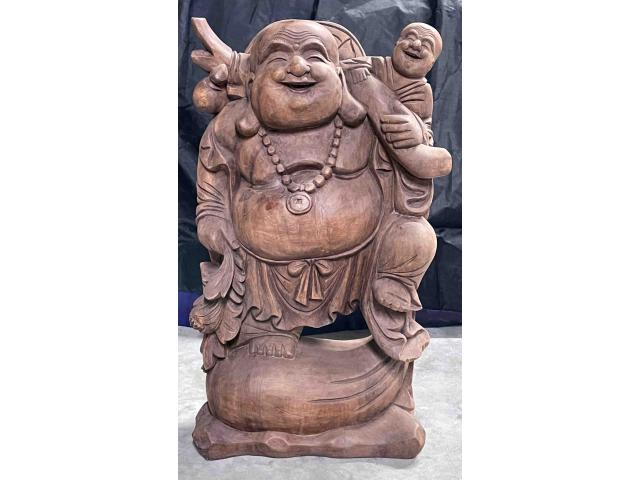 Photo Bouddha rieur avec enfant en bois de suar - H: 61 cm image 1/4