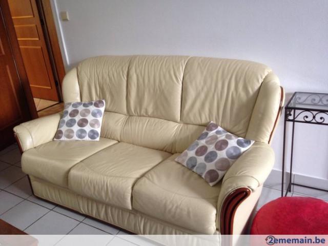 Canapé 3 places + 2 fauteuils cuir et bois