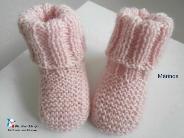 Chaussons tricot bébé en Mérinos, ROSE poudre, layette bb