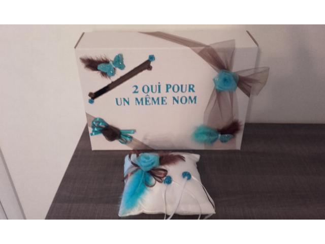 Coussin d'alliance + urne neufs chocolat/turquoise