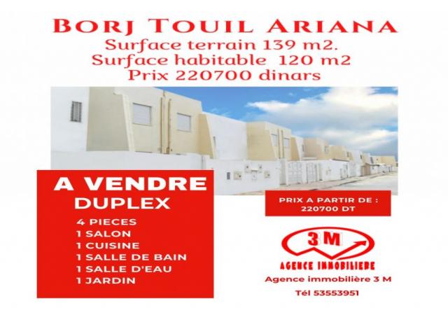 Duplex a vendre Borj Touil Ariana 3M643