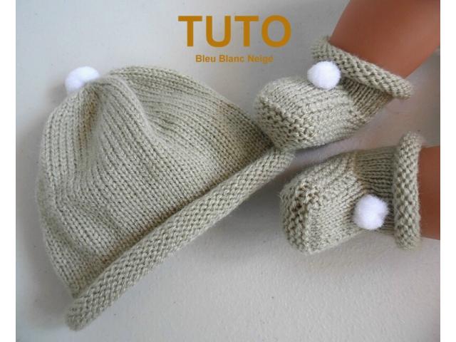 Photo Explication TUTO bonnet chaussons pompons CHANVRE bébé tricot laine image 1/6