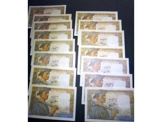 F 8 ---- 10 F MINEUR LOT DE 15 BILLETS NEUFS