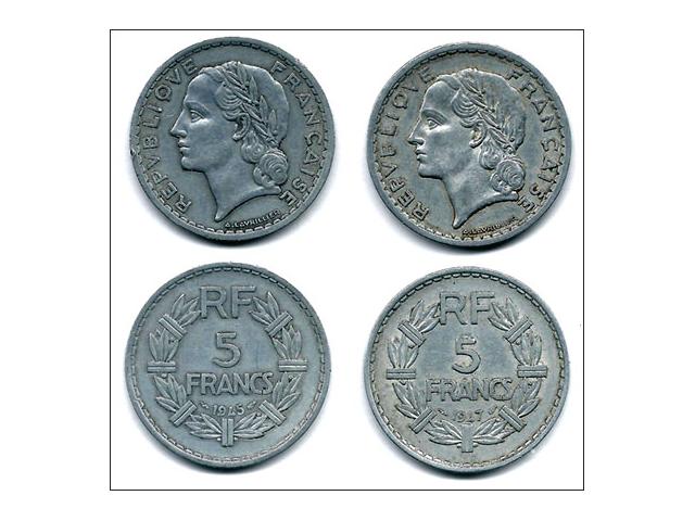 FRANCE  2 pièces de 5 Francs dites Lavrillier,  1945, 1947