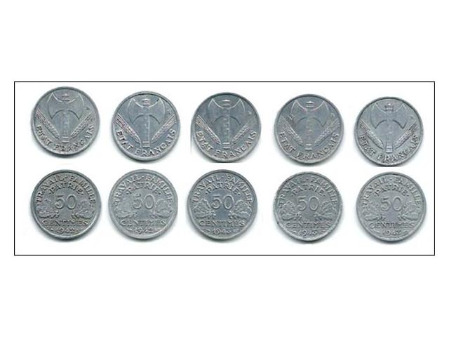 FRANCE 50 centimes Bazor Francisque 2 x 1942 et 3 x 1943