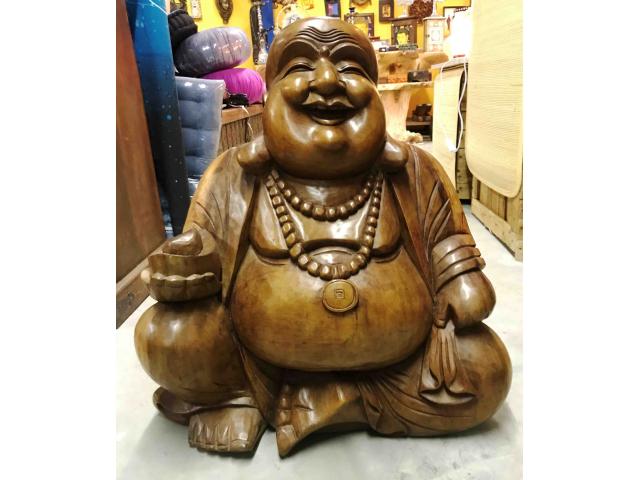 Grand Bouddha rieur assis en bois de suar - H: 60 cm