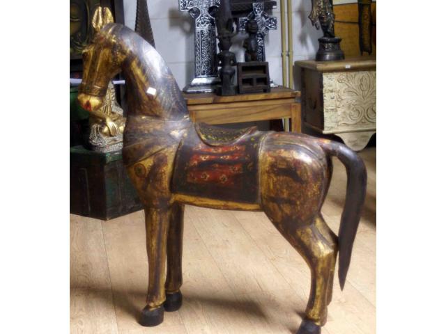 grand cheval ancien en bois peint - H: 81 cm