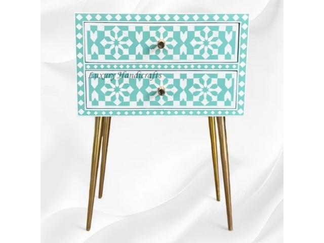 Green Resin Inlay Moroccan 2 Drawer Bedside Table