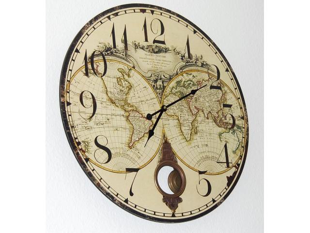 Horloge Murale modèle Vintage, sur fond du Globe Terrestre d'autrefois.