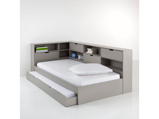 Lit enfant taupe 90x190 cm + lit d'appoint avec rangements lit enfant moderne lit enfant en bois lit