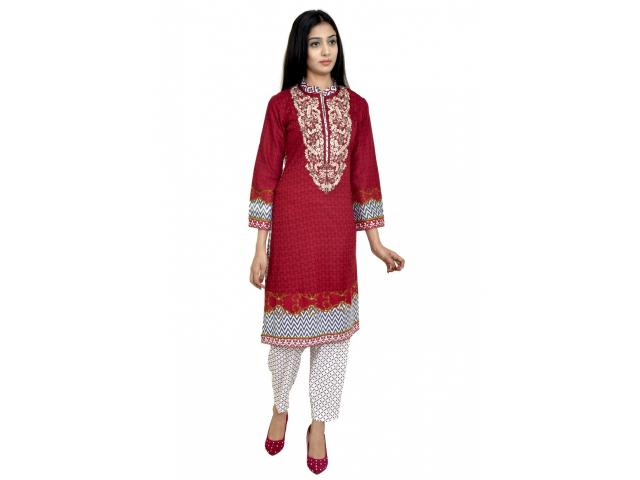 Photo Mena Hassan Red Color With Embroidery 3 Piece Lawn Suit image 1/3