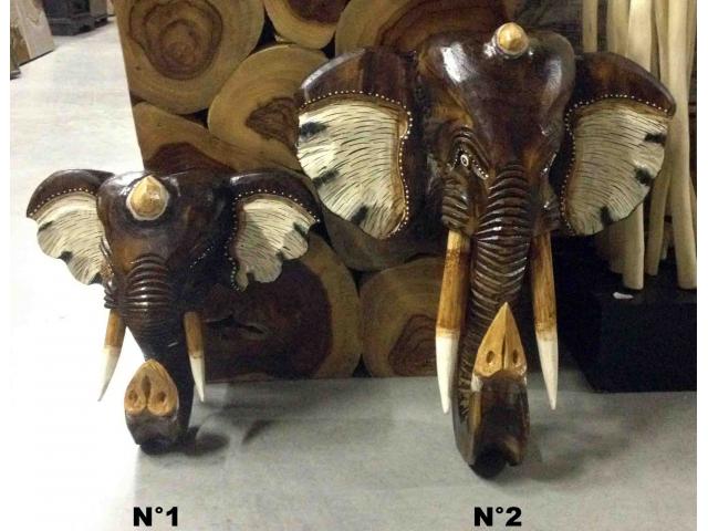 petite tête éléphant en bois - H: 25 à 40 cm