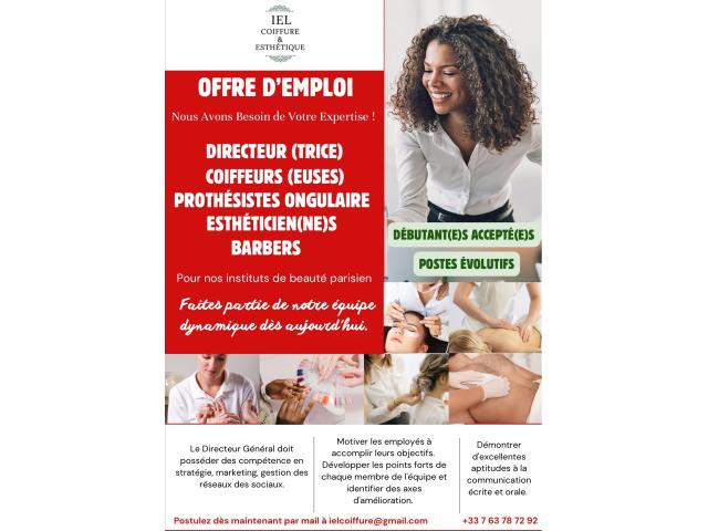 Recherche COIFFEURS(EUSES) DIRECTEURS(TRICE) ESTHÉTICIENNES PROTHÉSISTES ONGULAIRE