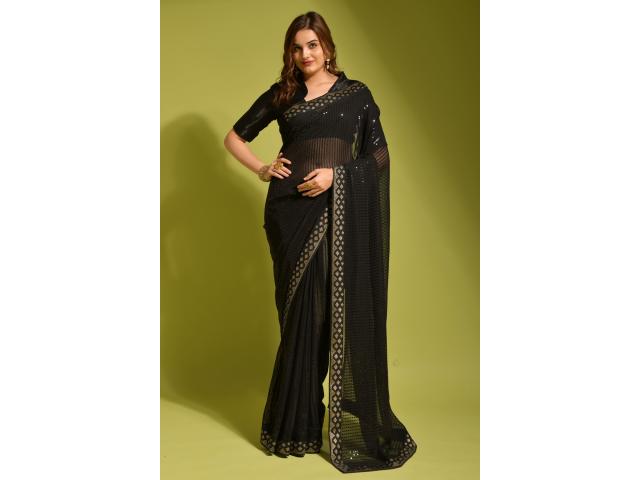 Photo robe de soirée en georgette brodée sari en noir avec chemisier image 1/1