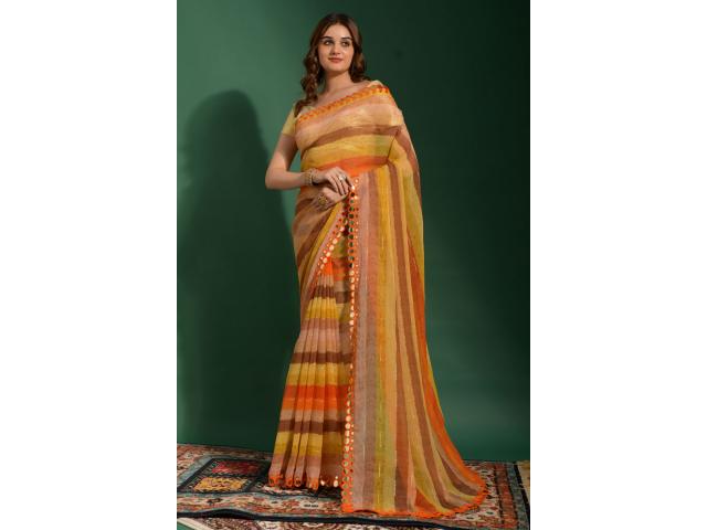 Photo sari orange avec miroir brodé mousseline imprimée image 1/1