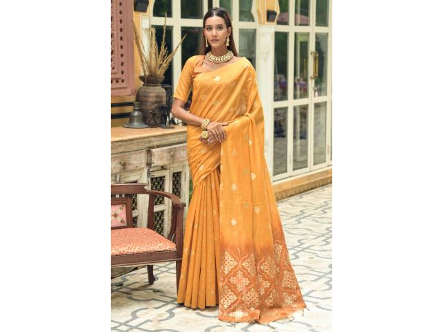 Saris en soie Chanderi jaune avec zari tissage
