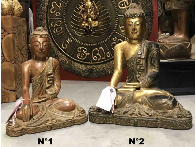 Statue de Bouddha assis en bois : H: 42 et 52 cm