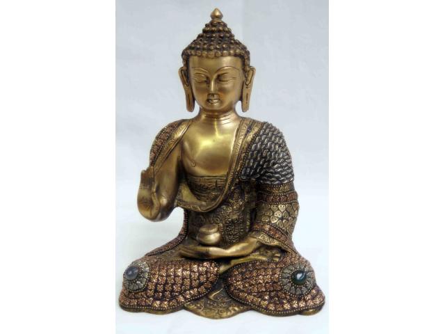 statue de Bouddha enseignant en bronze décorée de pierre - H: 25 cm