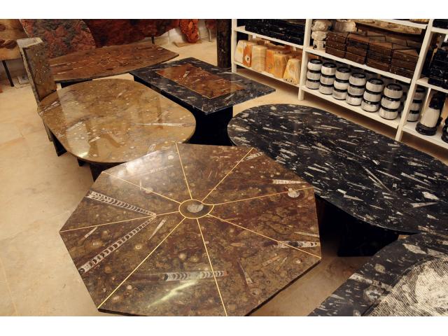 Tables en marbre riche en fossiles datant de plus de 350 millions d'années à commander sur mesure