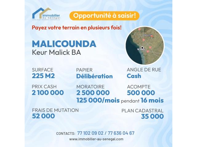 Terrains 225 mètres carrés à vendre à Malicounda Sénégal