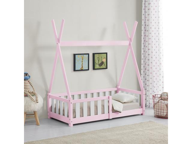 Tipi montessori rose pour enfant 70x140 cm avec barrières lit tiroir lit tipi lit enfant moderne lit