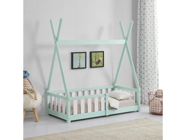 Tipi montessori vert pour enfant 70x140 cm avec barrières lit tiroir lit tipi lit enfant moderne lit