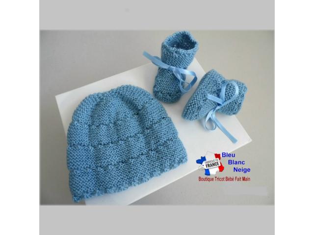 Photo Bonnet et chaussons tricotés main layette bébé Garçon image 2/6