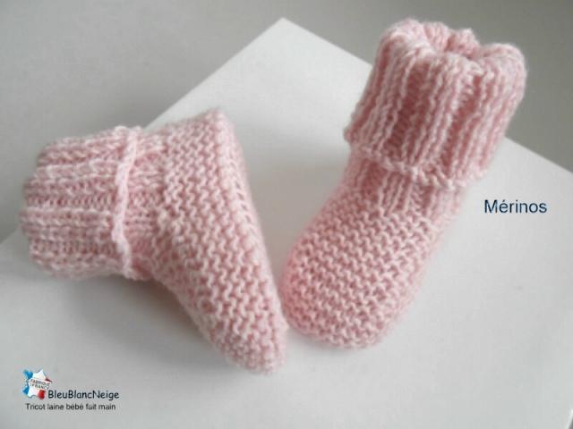 Photo Chaussons tricot bébé en Mérinos, ROSE poudre, layette bb image 2/6
