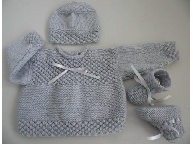 Photo Ensemble ou trousseau GRIS tricot laine bébé fait main image 2/6