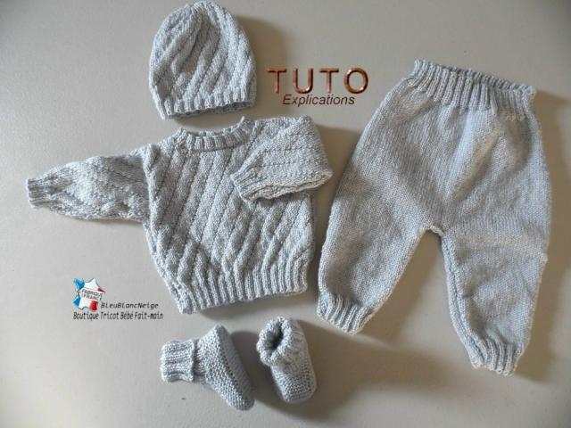 Photo Fiche tricot bb, ensemble motif Diagonal brassière, pantalon, bonnet, chaussons image 2/6