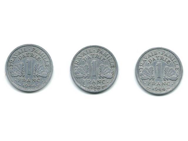Photo FRANCE 3 pièces de 1 franc Bazor - Francisque  1 x 1942 et 2 x 1944 image 2/3