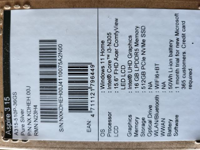 Photo PC ACER ASPIRE  16GB RAM  512GB DISQUE  WINDOWS 11 image 2/3