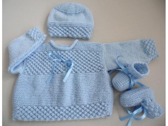 Photo Trousseau bleu naissance tricot laine bébé fait main image 2/6