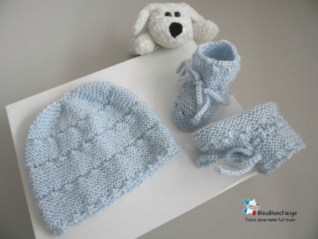 Photo Brassière, bonnet, chaussons, tricot bébé, bleu azur image 3/5