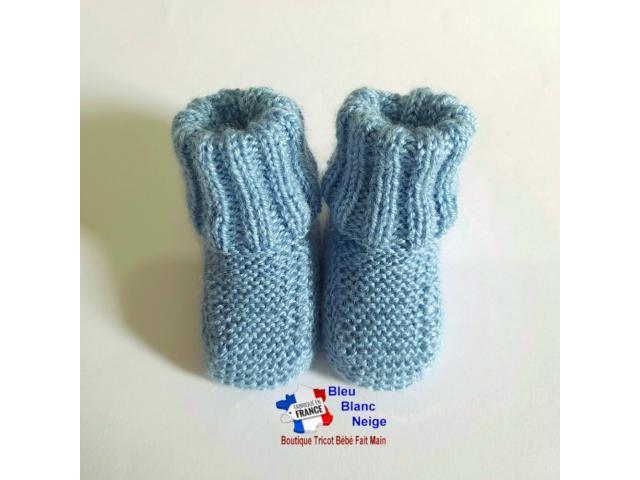 Photo Chaussons à revers côtes layette tricotée main en laine image 3/6