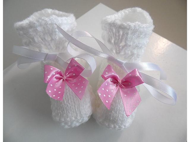 Photo Chaussons bébé nœud rose tricot laine fait main image 3/6
