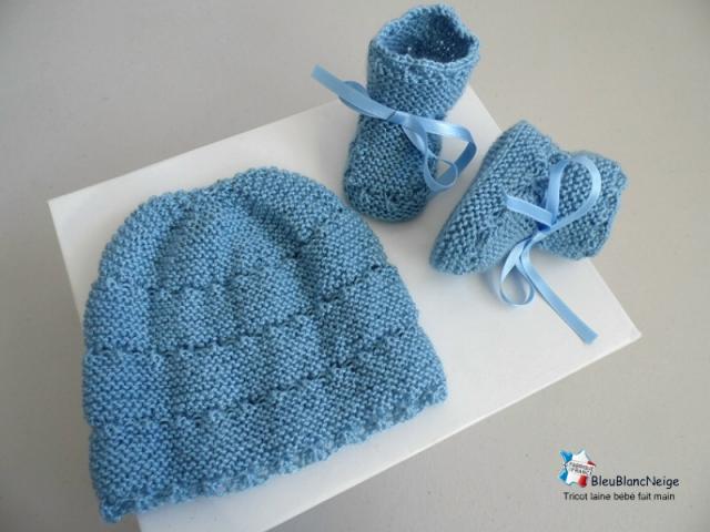 Photo Tricot bébé, brassiere croisee, bonnet, chaussons, bleu charron image 3/6