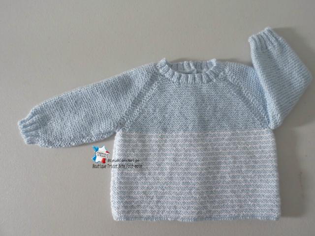 Photo Brassière tricot bébé manches raglan Bleue et blanc layette tricotée main image 4/5