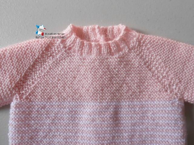 Photo Brassière tricot bébé manches raglan rose et blanc layette tricotée main image 4/5
