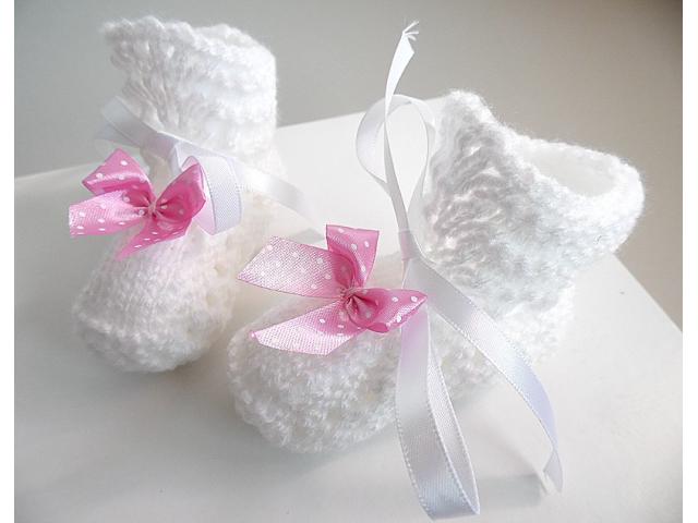 Photo Chaussons bébé nœud rose tricot laine fait main image 4/6