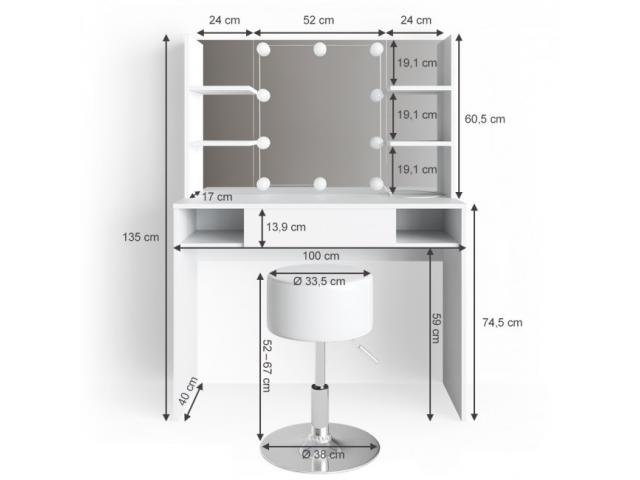 Photo Coiffeuse table maquillage + tabouret + LED table de maquillage Coiffeuse avec tiroirs coiffeuse ave image 4/5