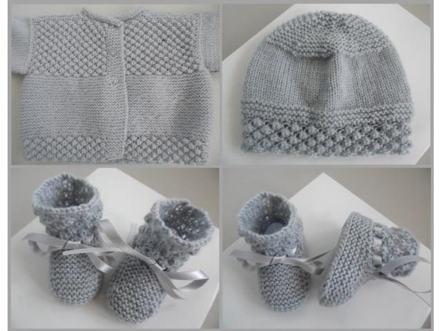 Photo Ensemble ou trousseau GRIS tricot laine bébé fait main image 4/6