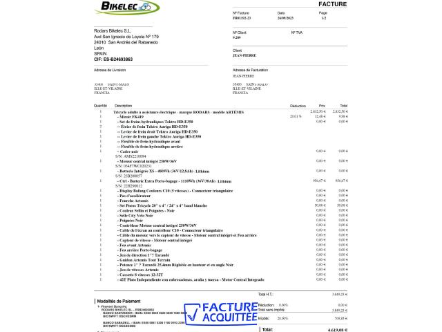 Photo Vends Tricycle adulte assistance électrique marque RODARS-BIKELEC modèle  Artemis image 4/4