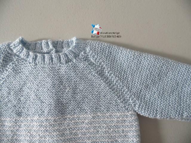 Photo Brassière tricot bébé manches raglan Bleue et blanc layette tricotée main image 5/5